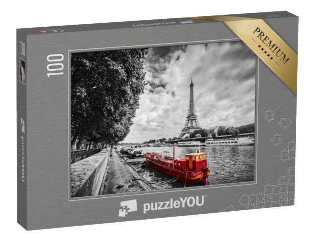 puzzle 100 dílků „Eiffelova věž nad Seinou s červenou lodí, Paříž, Francie“
