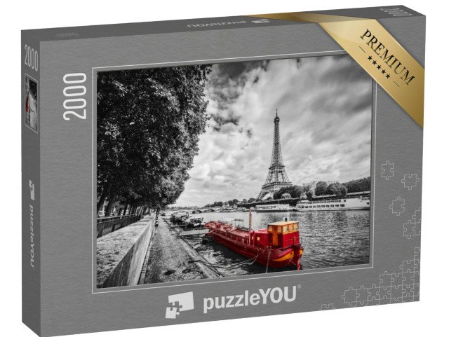 puzzle 2000 dílků „Eiffelova věž nad Seinou s červenou lodí, Paříž, Francie“