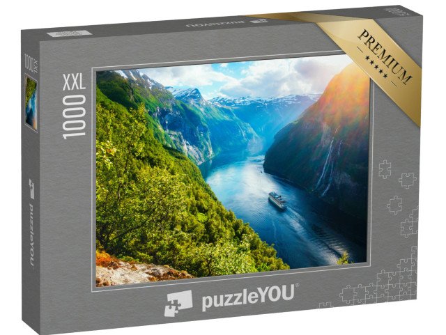 puzzle 1000 dílků XXL „Fjord s výletní lodí a vodopádem, Sunnylvsfjorden, Norsko“