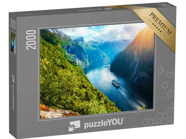 puzzle 2000 dílků „Fjord s výletní lodí a vodopádem, Sunnylvsfjorden, Norsko“