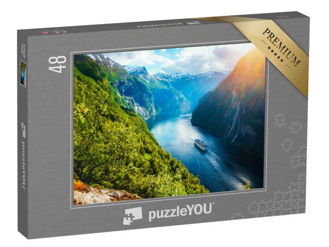 puzzle 48 dílků „Fjord s výletní lodí a vodopádem, Sunnylvsfjorden, Norsko“