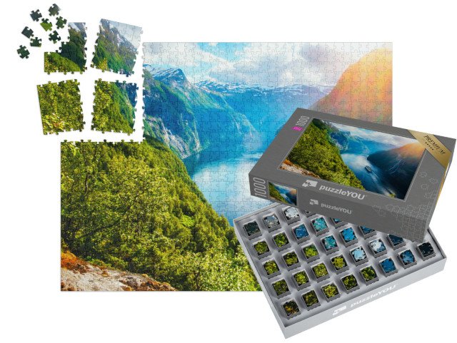 SMART SORTED® | Puzzle 1000 dílků „Fjord s výletní lodí a vodopádem, Sunnylvsfjorden, Norsko“