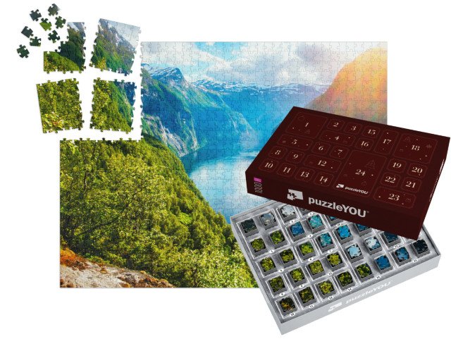 Adventní kalendář „Fjord s výletní lodí a vodopádem, Sunnylvsfjorden, Norsko“