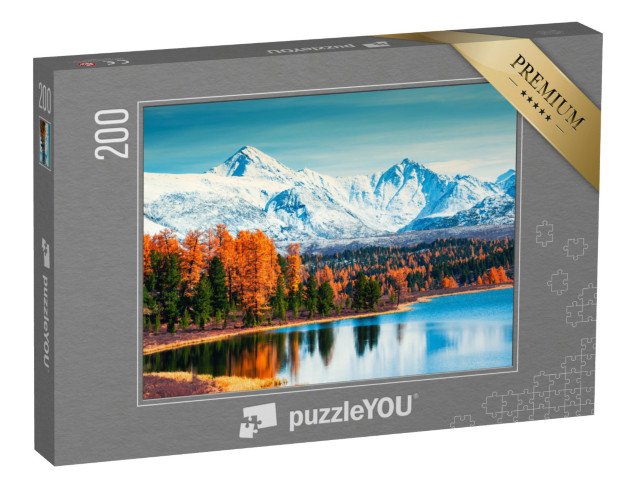 puzzle 200 dílků „Hory a podzimní les u jezera Kidelu v pohoří Alta, Sibiř“