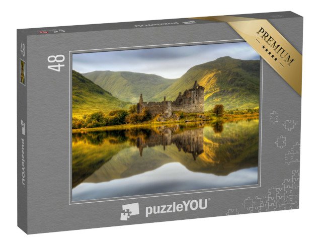puzzle 48 dílků „Hrad Kilchurn Castle při západu slunce v jezeře Loch Awe, Skotsko“