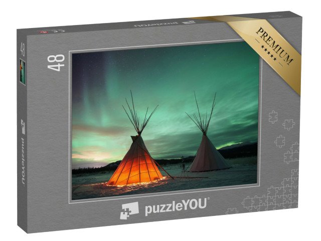 puzzle 48 dílků „Indiánské týpí pod polární září ve Whitehorse, Yukon, Kanada“