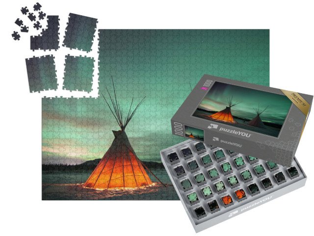 SMART SORTED® | Puzzle 1000 dílků „Indiánské týpí pod polární září ve Whitehorse, Yukon, Kanada“