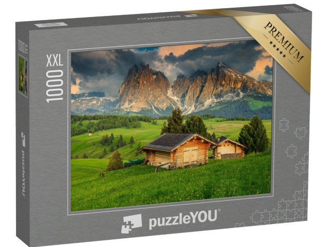 puzzle 1000 dílků XXL „Jaro na Alpe di Siusi se skupinou Sassolungo, Dolomity, Itálie“