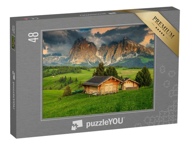 puzzle 48 dílků „Jaro na Alpe di Siusi se skupinou Sassolungo, Dolomity, Itálie“
