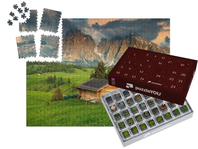 Adventní kalendář „Jaro na Alpe di Siusi se skupinou Sassolungo, Dolomity, Itálie“