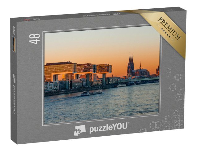 puzzle 48 dílků „Jeřábové domy a katedrála při západu slunce, Kolín nad Rýnem“