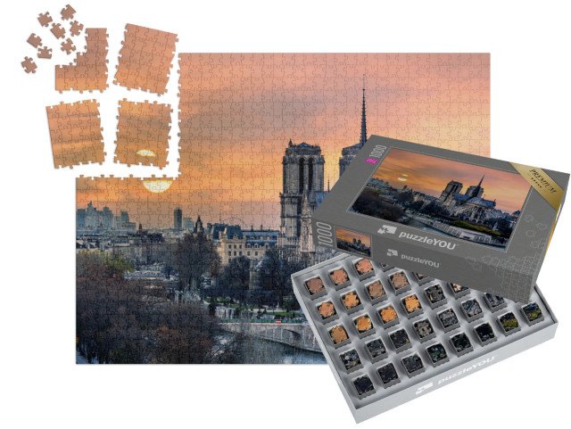 SMART SORTED® | Puzzle 1000 dílků „Katedrála Notre Dame de Paris při západu slunce, Paříž, Francie“