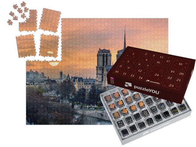 Adventní kalendář „Katedrála Notre Dame de Paris při západu slunce, Paříž, Francie“
