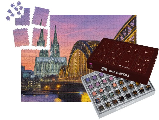 Adventní kalendář „Kolínská katedrála a Hohenzollernský most při západu slunce, Německo“