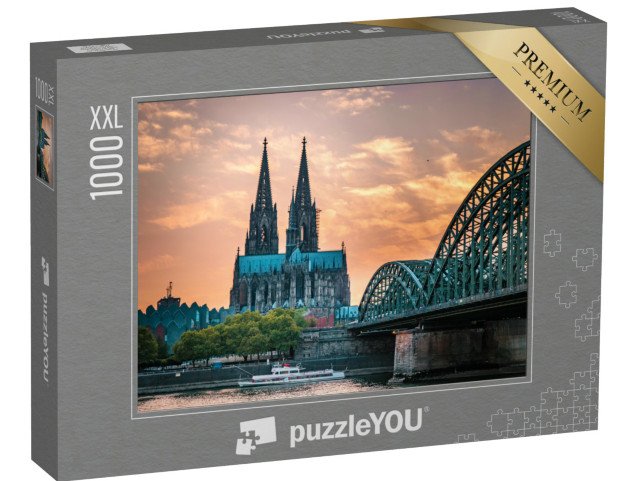 puzzle 1000 dílků XXL „Kolínská katedrála a Hohenzollernský most v Kolíně nad Rýnem večer, Německo“