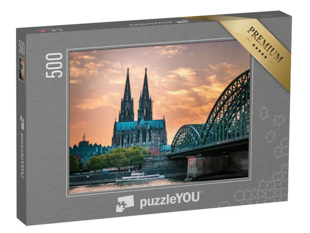 puzzle 500 dílků „Kolínská katedrála a Hohenzollernský most v Kolíně nad Rýnem večer, Německo“