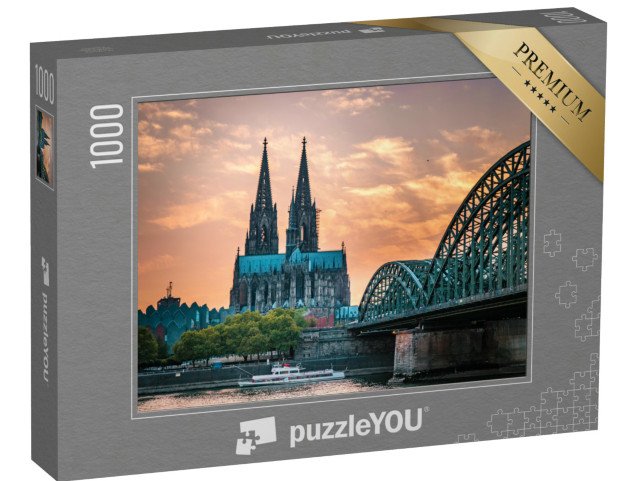 puzzle 1000 dílků „Kolínská katedrála a Hohenzollernský most v Kolíně nad Rýnem večer, Německo“