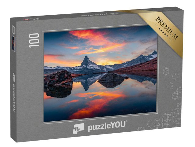 puzzle 100 dílků „Krásná alpská krajina, pohled na Stellisee s Matterhornem, vrchol“