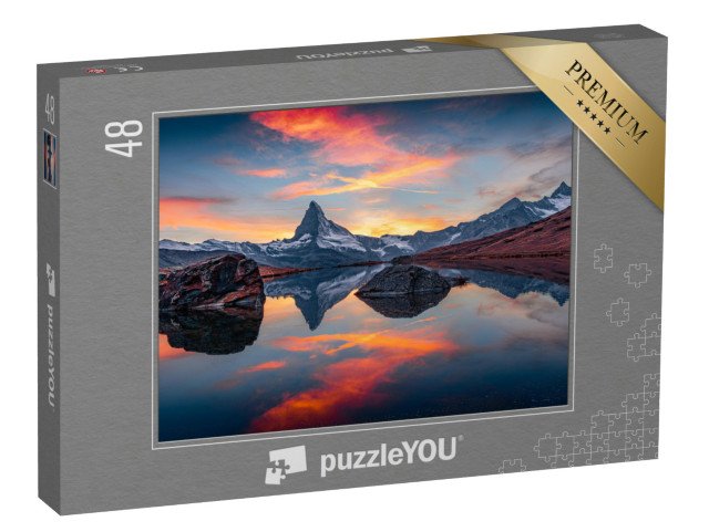 puzzle 48 dílků „Krásná alpská krajina, pohled na Stellisee s Matterhornem, vrchol“