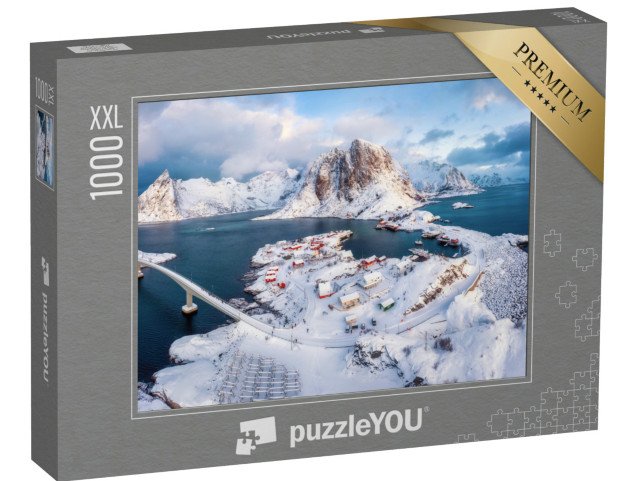 puzzle 1000 dílků XXL „Krásný letecký pohled na zimní vesnici Hamnøy, Lofoty, Norsko“