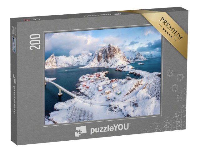 puzzle 200 dílků „Krásný letecký pohled na zimní vesnici Hamnøy, Lofoty, Norsko“