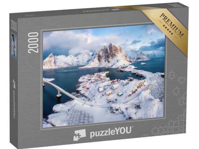puzzle 2000 dílků „Krásný letecký pohled na zimní vesnici Hamnøy, Lofoty, Norsko“
