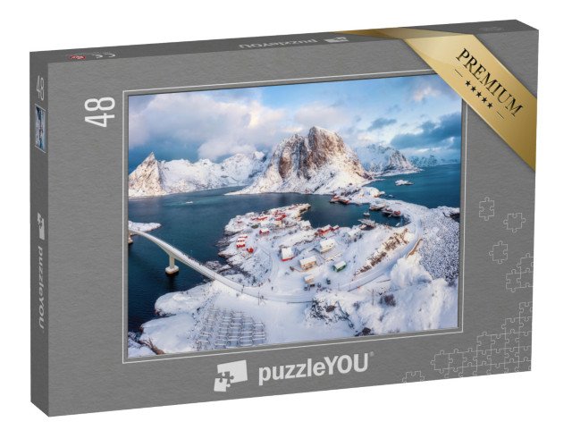 puzzle 48 dílků „Krásný letecký pohled na zimní vesnici Hamnøy, Lofoty, Norsko“