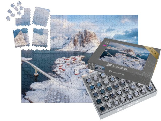 SMART SORTED® | Puzzle 1000 dílků „Krásný letecký pohled na zimní vesnici Hamnøy, Lofoty, Norsko“