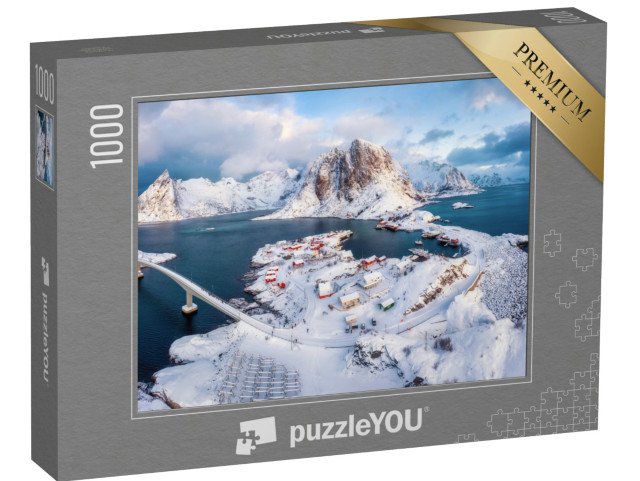 puzzle 1000 dílků „Krásný letecký pohled na zimní vesnici Hamnøy, Lofoty, Norsko“