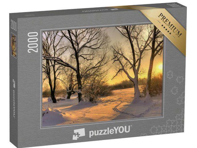 puzzle 2000 dílků „Krásný zimní západ slunce se zasněženými stromy“