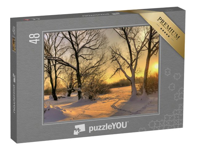 puzzle 48 dílků „Krásný zimní západ slunce se zasněženými stromy“