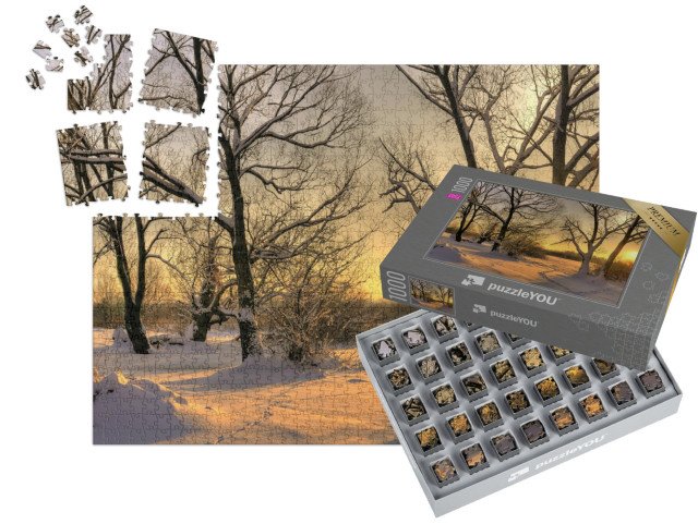 SMART SORTED® | Puzzle 1000 dílků „Krásný zimní západ slunce se zasněženými stromy“