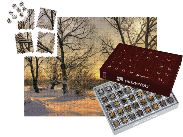 Adventní kalendář „Krásný zimní západ slunce se zasněženými stromy“