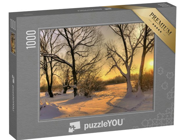 puzzle 1000 dílků „Krásný zimní západ slunce se zasněženými stromy“