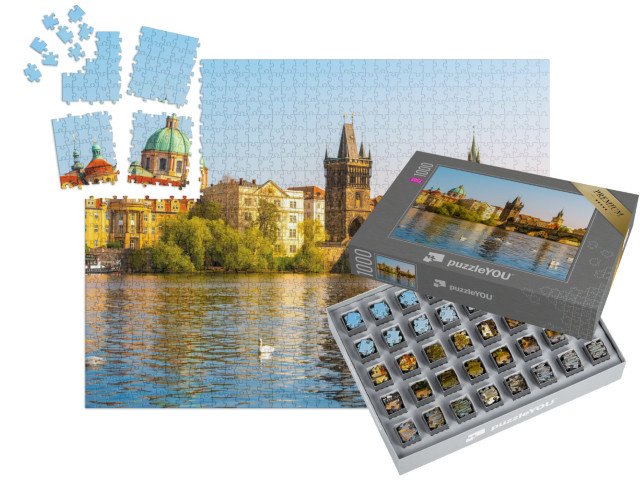 SMART SORTED® | Puzzle 1000 dílků „Labutě na Karlově mostě přes Vltavu, Praha, Česká republika“