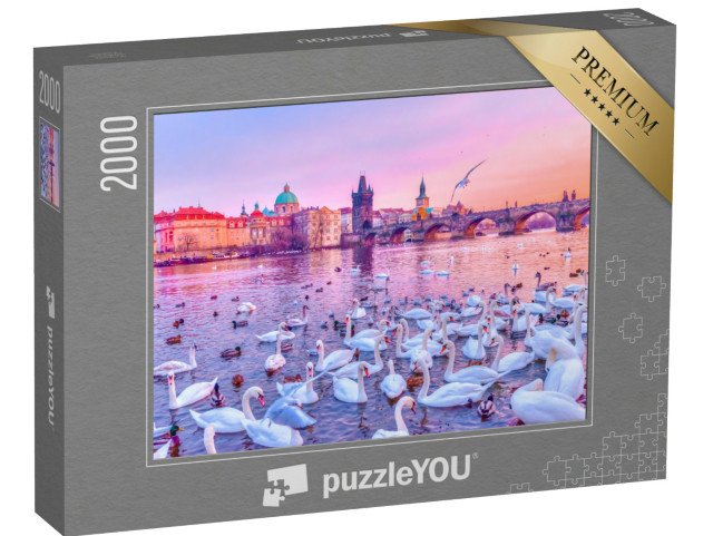 puzzle 2000 dílků „Labutě na Vltavě, západ slunce v Praze, Česká republika“