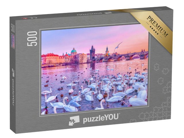 puzzle 500 dílků „Labutě na Vltavě, západ slunce v Praze, Česká republika“