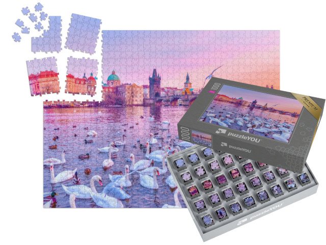 SMART SORTED® | Puzzle 1000 dílků „Labutě na Vltavě, západ slunce v Praze, Česká republika“