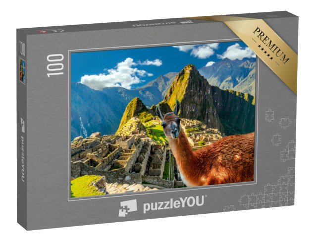 puzzle 100 dílků „Lama stojící na vyhlídce Machu Picchu v Peru“