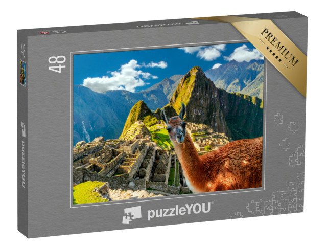 puzzle 48 dílků „Lama stojící na vyhlídce Machu Picchu v Peru“