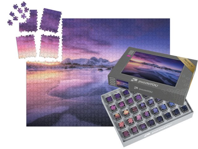 SMART SORTED® | Puzzle 1000 dílků „Ledové pobřeží při barevném západu slunce, Lofoty, Norsko“