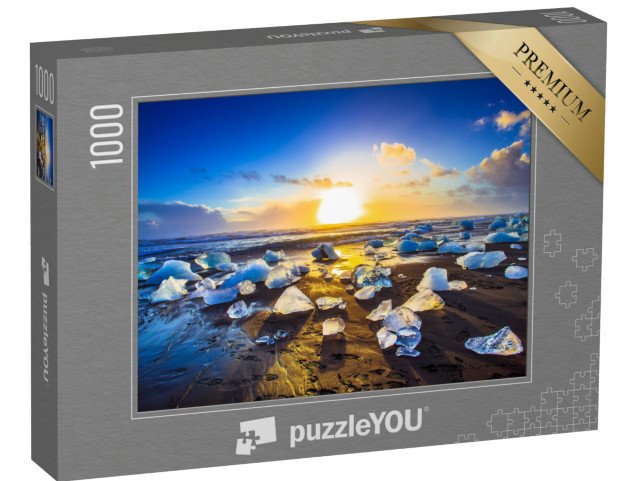 puzzle 1000 dílků „Ledové útesy s černou písečnou pláží na pláži Jokulsarlon, Island“
