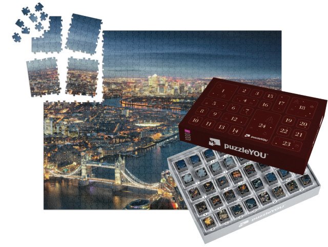 Adventní kalendář „Letecký pohled na Londýn, Tower Bridge večer, Anglie“