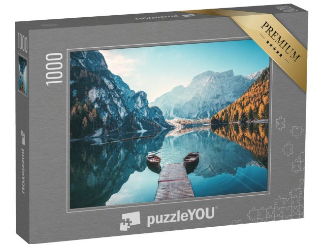 puzzle „Lodě na jezeře Braies v Dolomitech, Jižní Tyrolsko, Itálie“