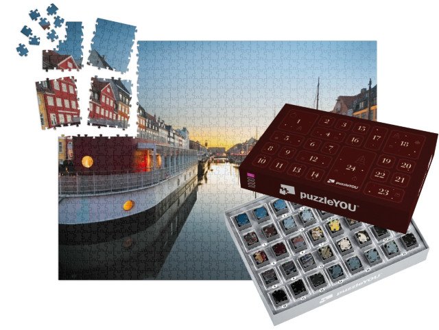 Adventní kalendář „Lodě v Nyhavnu při západu slunce, Kodaň, Dánsko“