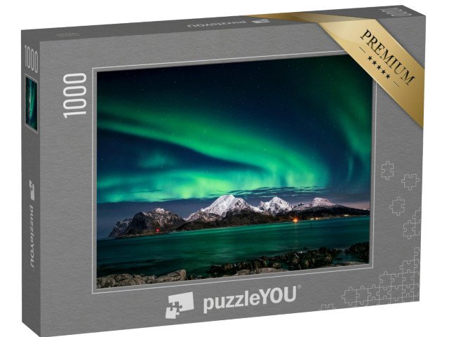 puzzle 1000 dílků „Lofoty v zimě, krásná polární záře“