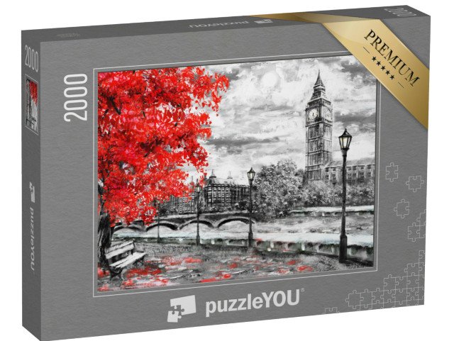 puzzle 2000 dílků „Londýnská ulice s Big Benem, olejomalba“