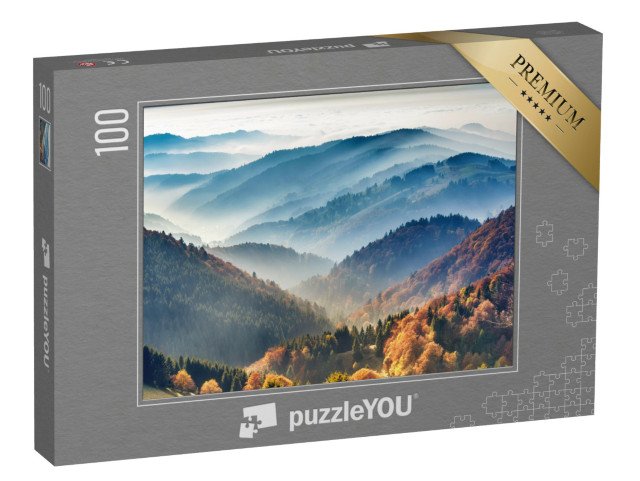 puzzle 100 dílků „Malebný Černý les: Hory v mlze, Bádensko-Württembersko, Německo“