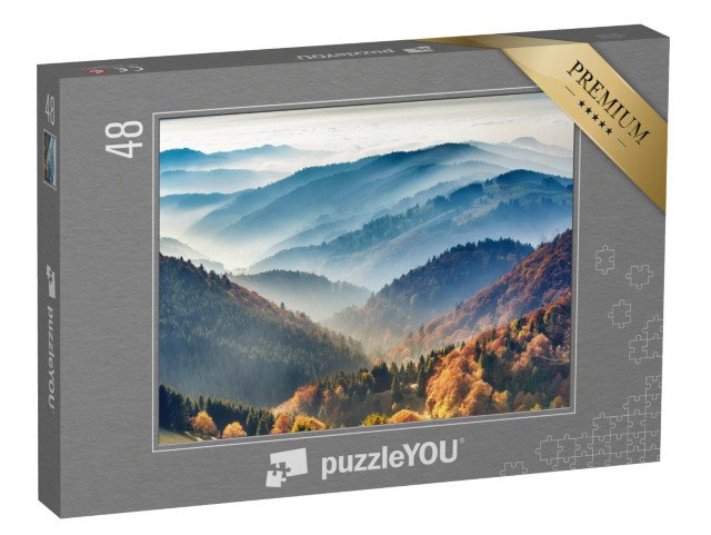 puzzle 48 dílků „Malebný Černý les: Hory v mlze, Bádensko-Württembersko, Německo“