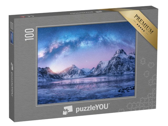 puzzle 100 dílků „Mléčná dráha nad zamrzlým mořem, zimní noc na Lofotských ostrovech, Norsko“